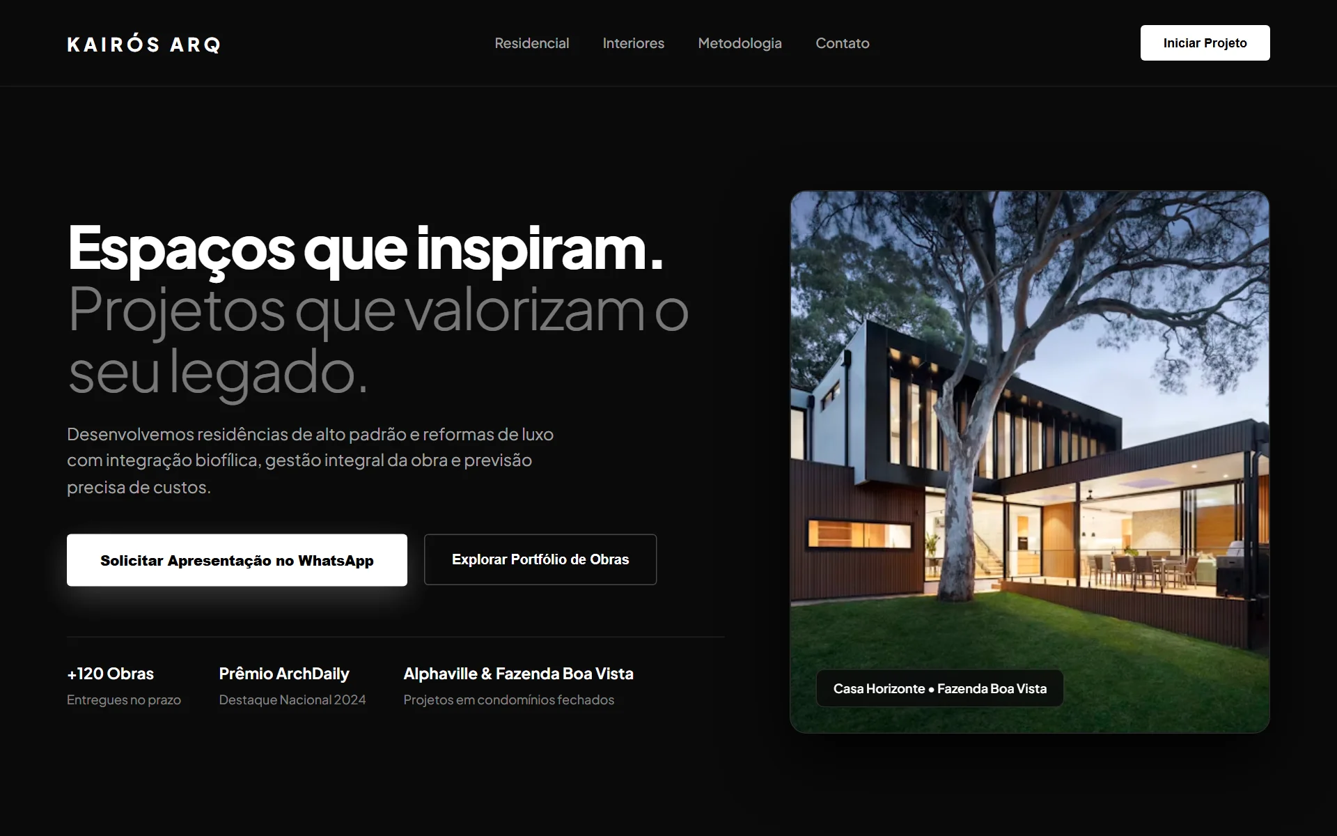 Direção visual para landing page de arquitetura e interiores